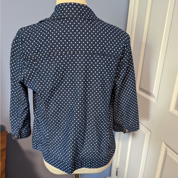 Polkadot denim shirt jean jacket with rhinestone buttons and 3/4 length sleeves - Picture 4 of 7